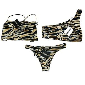 Skatie 3pc Bikini Set NWT Size S Zebra Tiger Marble Print One Shoulder Top Thong